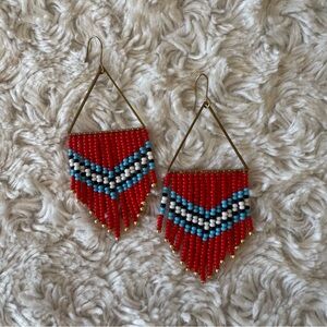 Handcrafted Beaded Earrings - Red, Blue, White